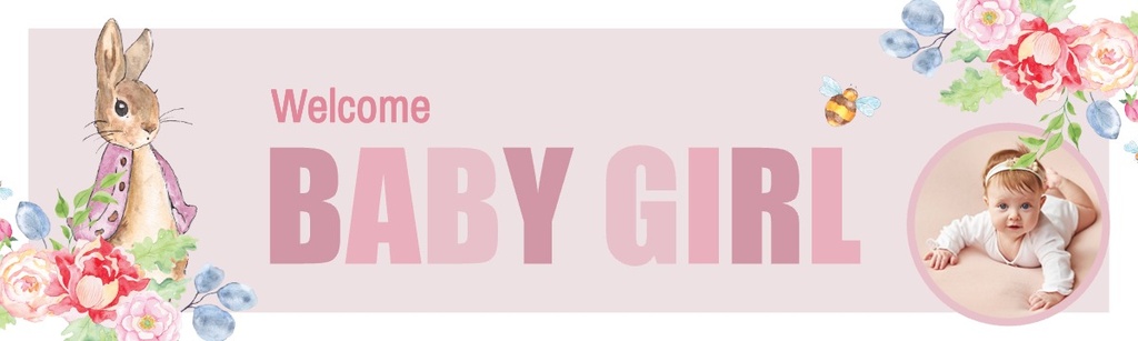 Personalised Baby Girl Banner - Pink Rabbit Floral Welcome - 1 Photo Upload