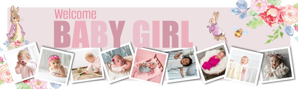 Personalised Baby Girl Banner - Pink Rabbit Floral Welcome - 9 Photo Upload