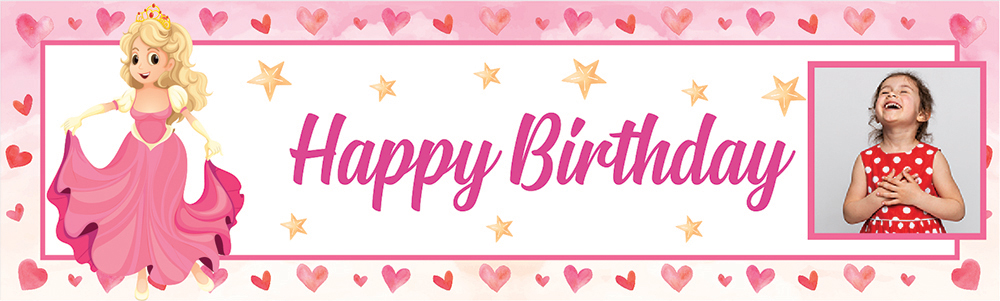 Personalised Birthday Banner - Pink Princess & Stars - 1 Photo Upload