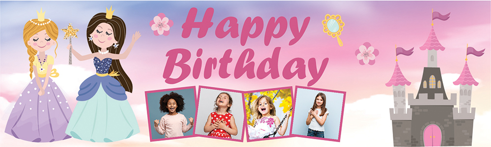 Personalised Birthday Banner - Princess & Castle - 4 Photo Upload