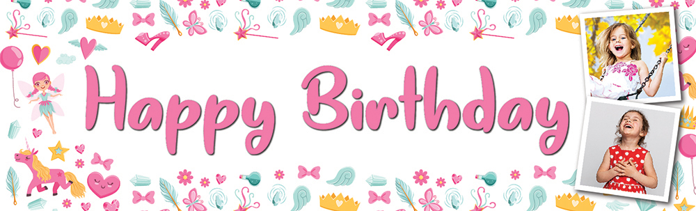 Personalised Birthday Banner - Unicorn & Fairy Design - 2 Photo Upload