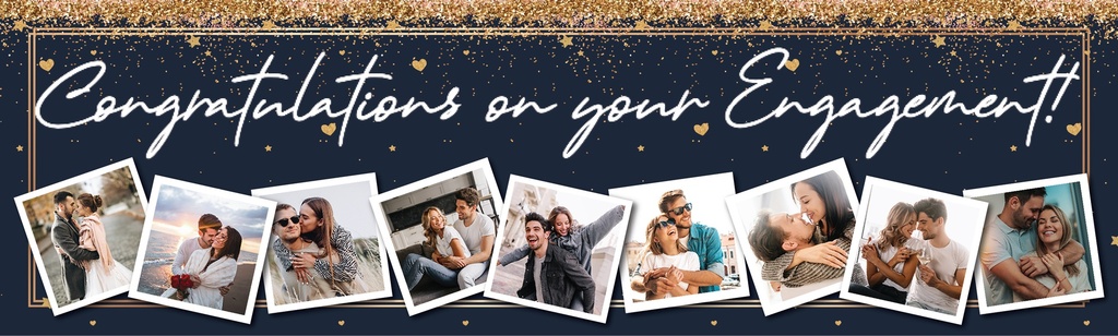 Personalised Engagement Party Banner - Blue & Gold Congratulations - 9 Photo Upload