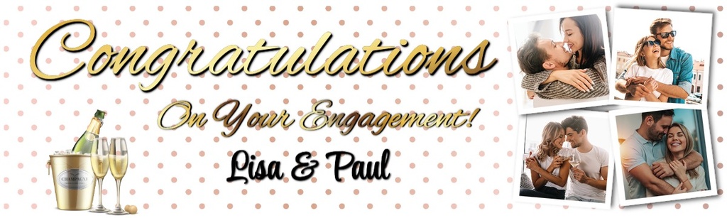 Personalised Engagement Party Banner - White & Gold - 4 Photo Upload