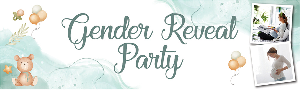 Personalised Gender Reveal Party Banner - Teddy Balloons Baby - 2 Photo Upload