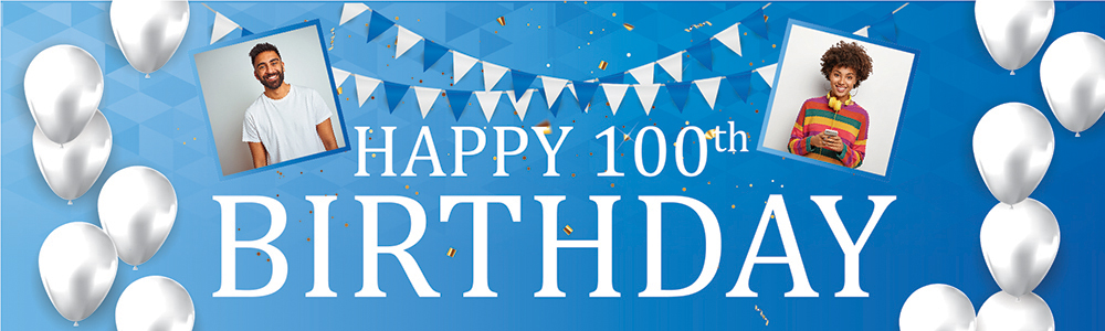 Personalised Happy 100th Birthday Banner - Blue & White - 2 Photo Upload