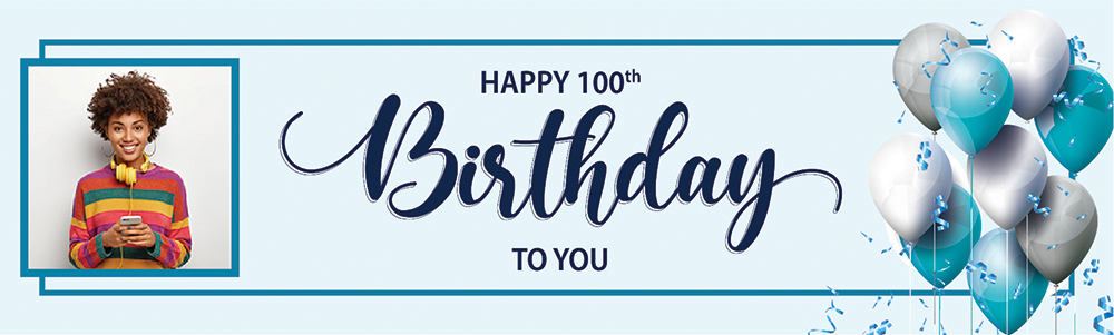 Personalised Happy 100th Birthday Banner - Blue White Balloons - 1 Photo Upload
