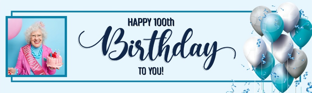 Personalised Happy 100th Birthday Banner - Blue White Balloons - 1 Photo Upload