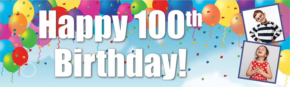 Personalised Happy 100th Birthday Banner - Party Balloons - 2 Photo Upload