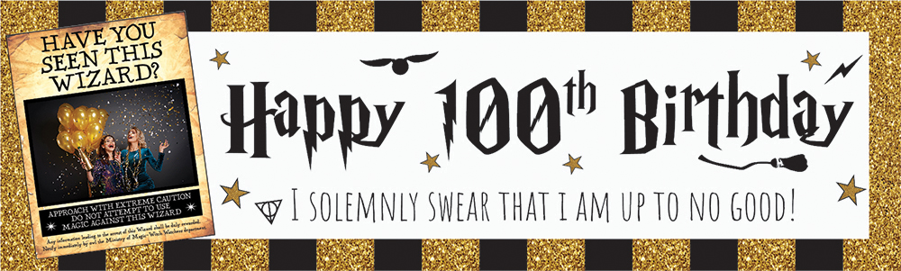 Personalised Happy 100th Birthday Banner - Wizard Design - 1 Photo Upload
