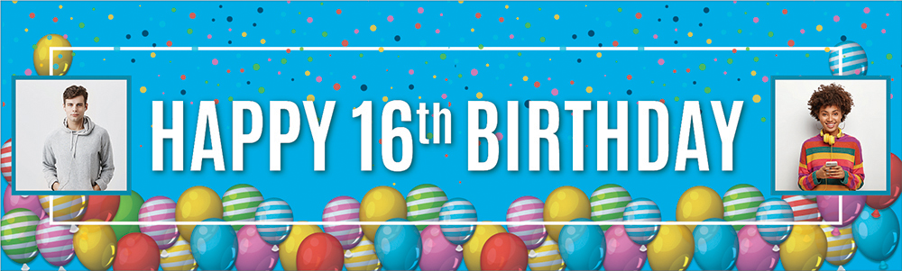 Personalised Happy 16th Birthday Banner - Balloons - 2 Photo Upload