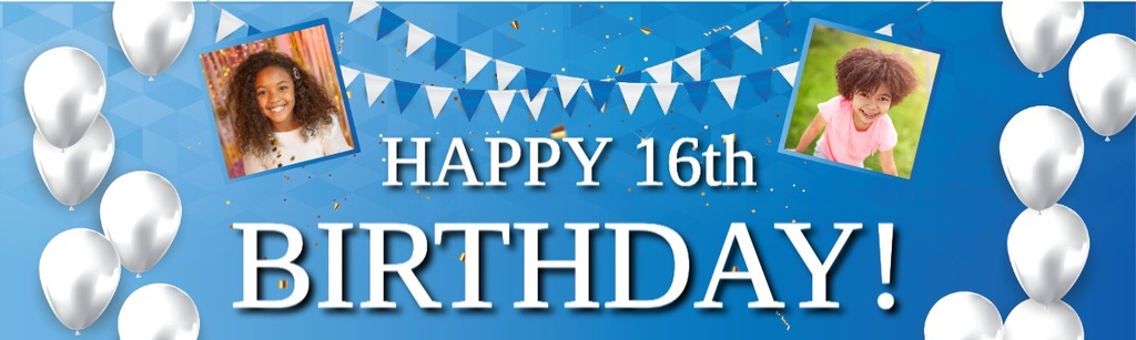 Personalised Happy 16th Birthday Banner - Blue & White - 2 Photo Upload