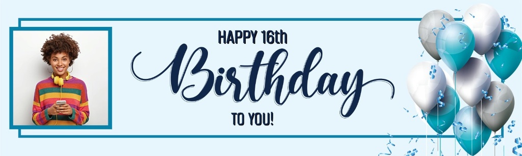 Personalised Happy 16th Birthday Banner - Blue White Balloons - 1 Photo Upload