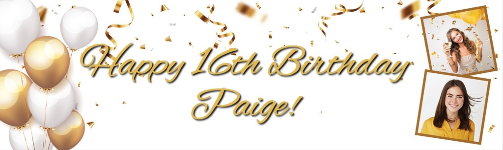 Personalised Happy 16th Birthday Banner - Gold & White Balloons - 2 Photo Upload