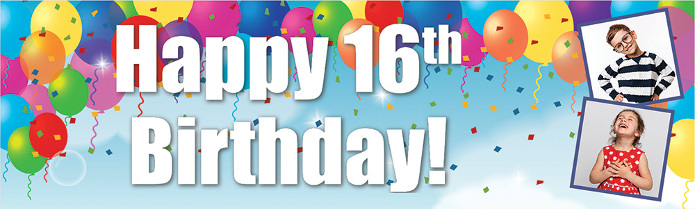 Personalised Happy 16th Birthday Banner - Party Balloons - 2 Photo Upload