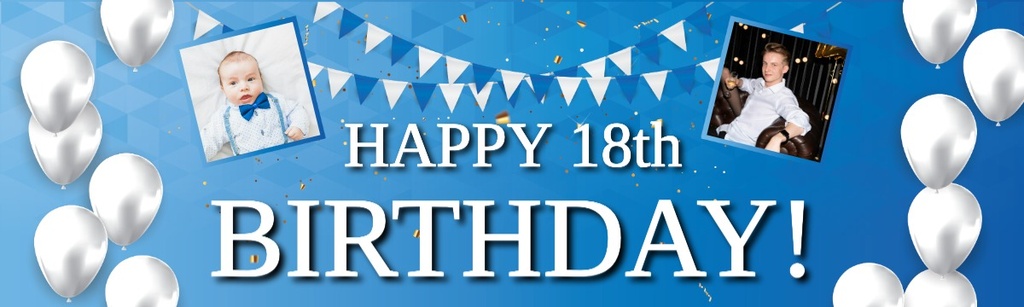 Personalised Happy 18th Birthday Banner - Blue & White - 2 Photo Upload