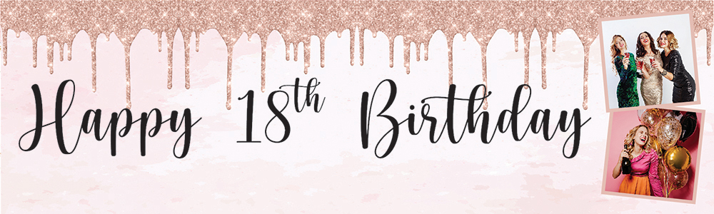 Personalised Happy 18th Birthday Banner - Pink Glitter - 2 Photo Upload