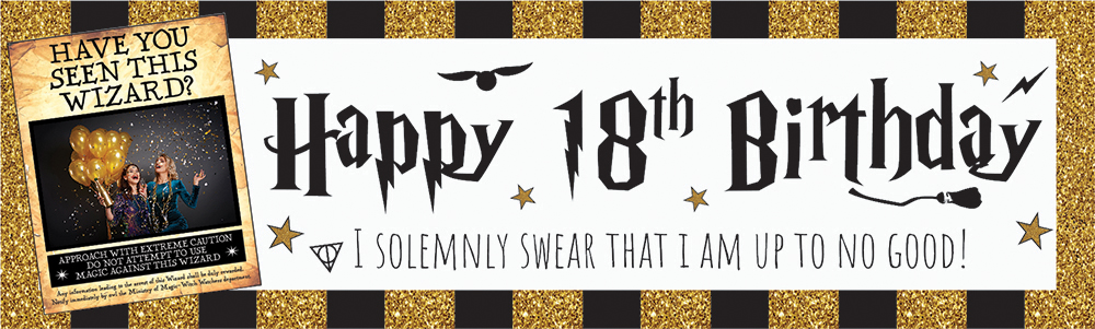 Personalised Happy 18th Birthday Banner - Wizard Design - 1 Photo Upload