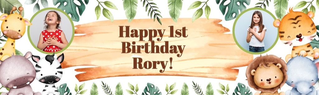 Personalised Happy 1st Birthday Banner - Baby Jungle Animals - 2 Photo Upload