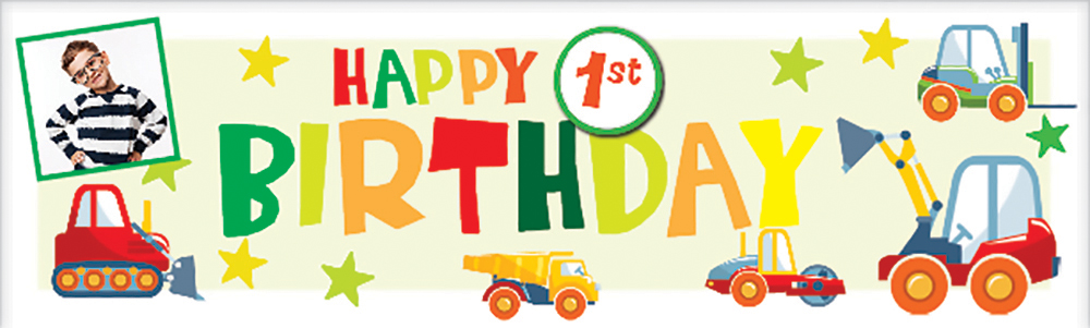 Personalised Happy 1st Birthday Banner - Diggers & Trucks - 1 Photo Upload