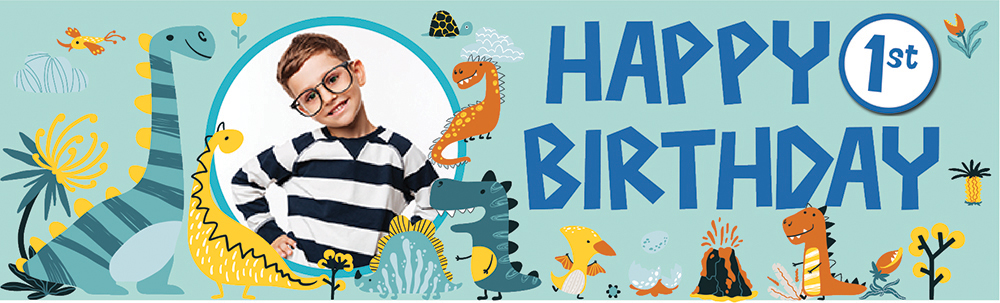 Personalised Happy 1st Birthday Banner - Dinosaur Friends - 1 Photo Upload