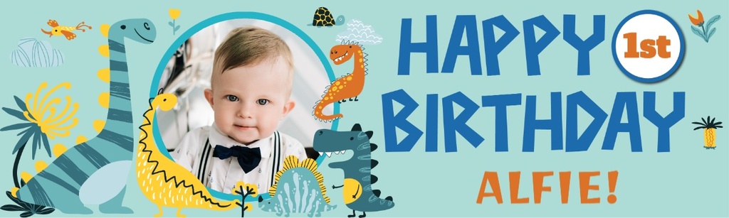 Personalised Happy 1st Birthday Banner - Dinosaur Friends - 1 Photo Upload