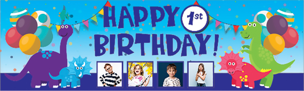 Personalised Happy 1st Birthday Banner - Dinosaur Party - 4 Photo Upload