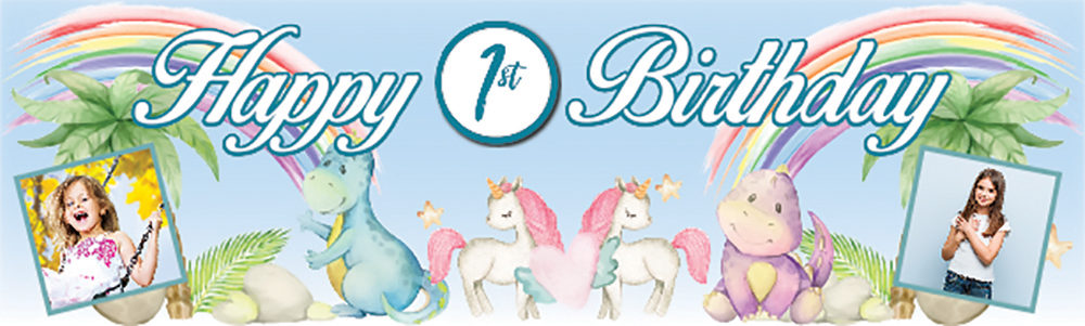 Personalised Happy 1st Birthday Banner - Dinosaurs & Unicorns - 2 Photo Upload