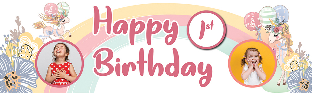 Personalised Happy 1st Birthday Banner - Floral Unicorn - 2 Photo Upload