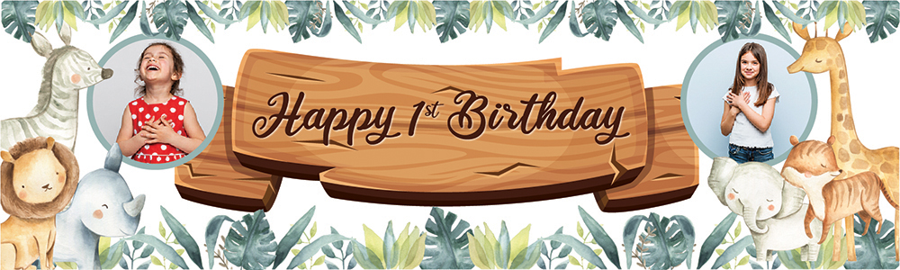 Personalised Happy 1st Birthday Banner - Giraffe Safari Friends - 2 Photo Upload