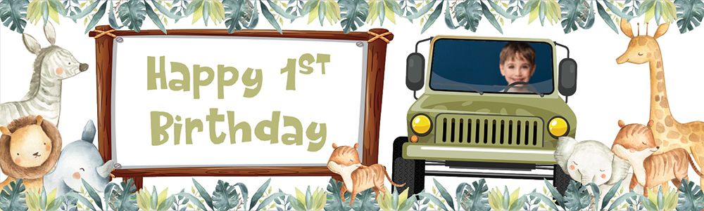 Personalised Happy 1st Birthday Banner - Jeep Safari Animals - 1 Photo Upload