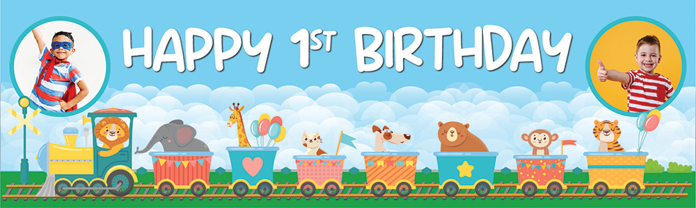 Personalised Happy 1st Birthday Banner - Lion Circus Train - 2 Photo Upload