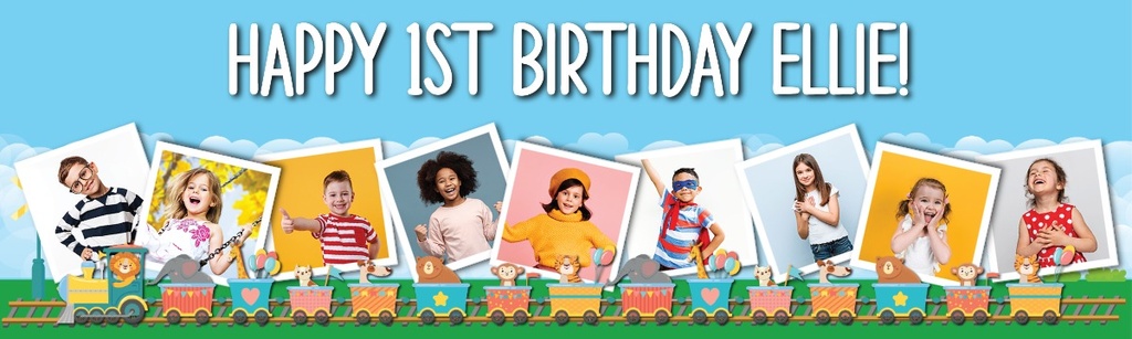 Personalised Happy 1st Birthday Banner - Lion Circus Train - 9 Photo Upload