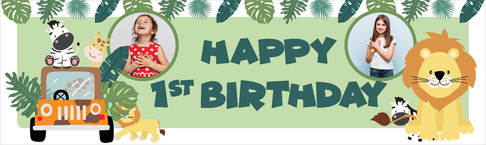 Personalised Happy 1st Birthday Banner - Lion Safari - 2 Photo Upload