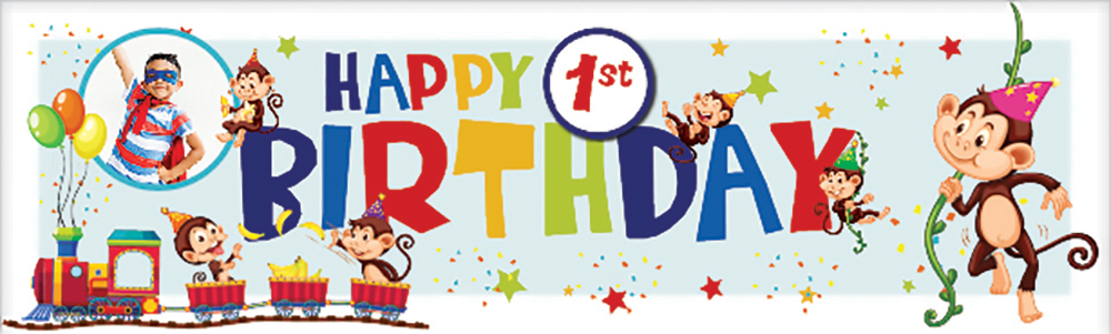 Personalised Happy 1st Birthday Banner - Monkey Train - 1 Photo Upload