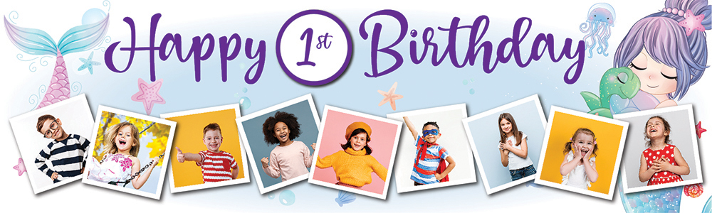 Personalised Happy 1st Birthday Banner - Mermaid Friends - 9 Photo Upload