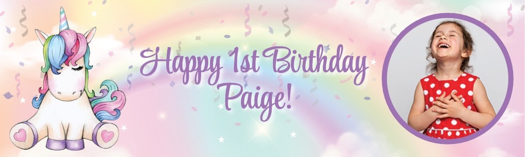 Personalised Happy 1st Birthday Banner - Rainbow Unicorn - 1 Photo Upload