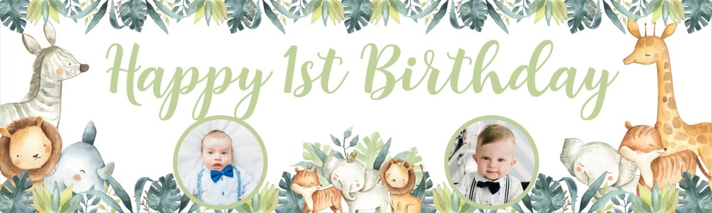 Personalised Happy 1st Birthday Banner - Safari Animal Friends - 2 Photo Upload