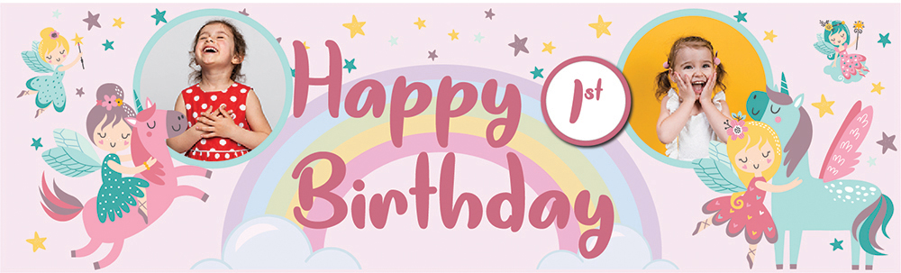 Personalised Happy 1st Birthday Banner - Unicorn & Fairies - 2 Photo Upload