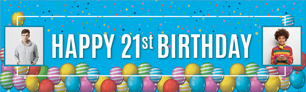 Personalised Happy 21st Birthday Banner - Balloons - 2 Photo Upload