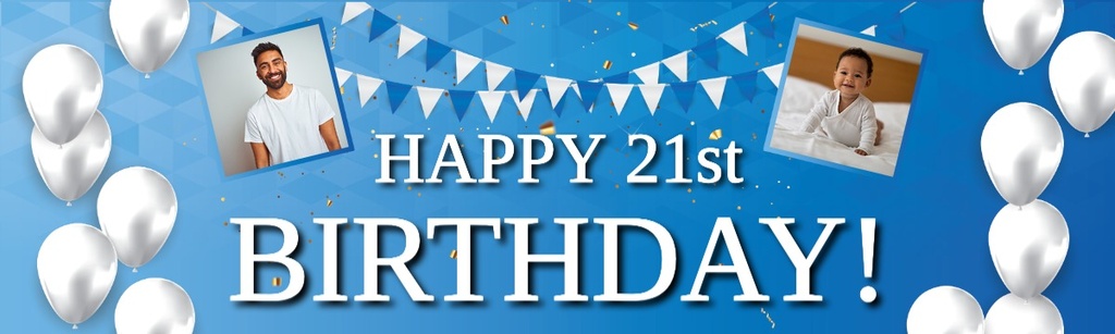 Personalised Happy 21st Birthday Banner - Blue & White - 2 Photo Upload