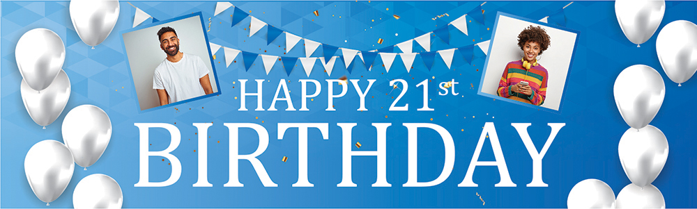 Personalised Happy 21st Birthday Banner - Blue & White - 2 Photo Upload