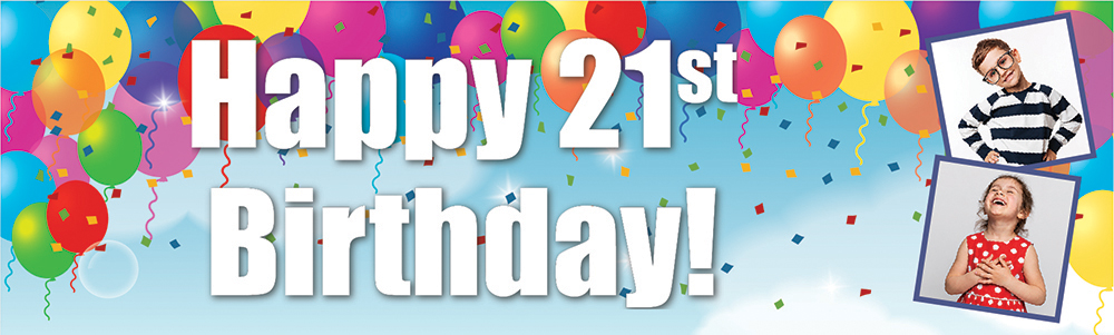 Personalised Happy 21st Birthday Banner - Party Balloons - 2 Photo Upload