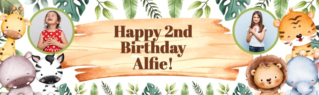 Personalised Happy 2nd Birthday Banner - Baby Jungle Animals - 2 Photo Upload