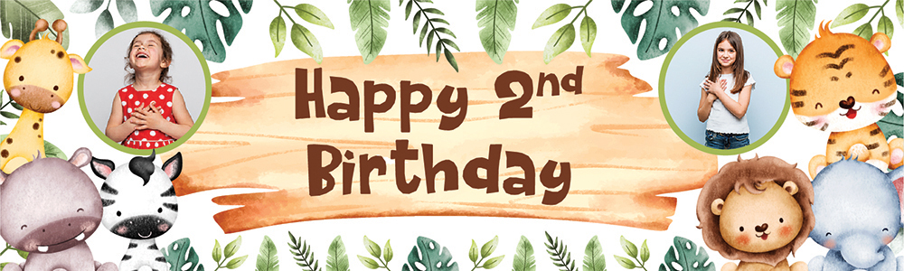 Personalised Happy 2nd Birthday Banner - Baby Jungle Animals - 2 Photo Upload