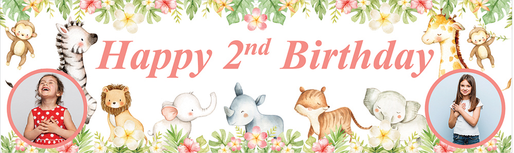 Personalised Happy 2nd Birthday Banner - Baby Safari Animals - 2 Photo Upload