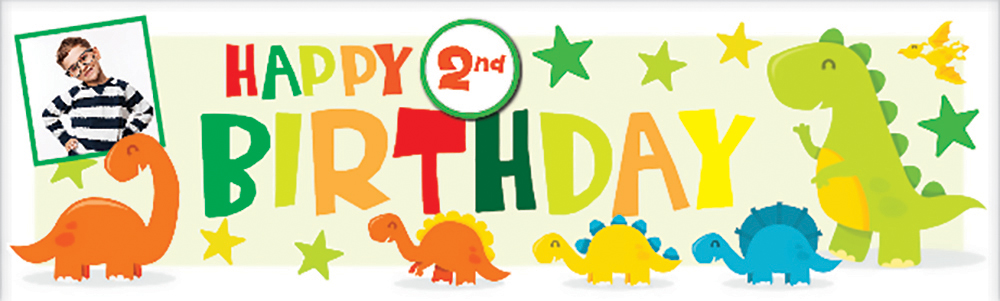 Personalised Happy 2nd Birthday Banner - Cute Dinosaur - 1 Photo Upload