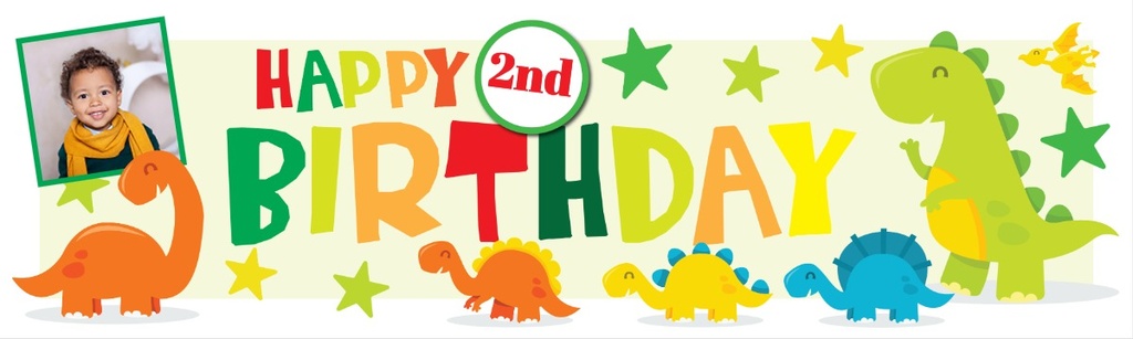 Personalised Happy 2nd Birthday Banner - Cute Dinosaur - 1 Photo Upload