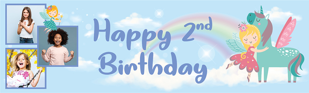 Personalised Happy 2nd Birthday Banner - Blue Unicorn & Fairy - 3 Photo Upload