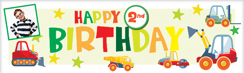 Personalised Happy 2nd Birthday Banner - Diggers & Trucks - 1 Photo Upload
