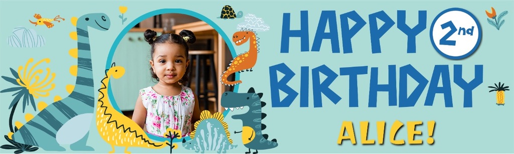 Personalised Happy 2nd Birthday Banner - Dinosaur Friends - 1 Photo Upload